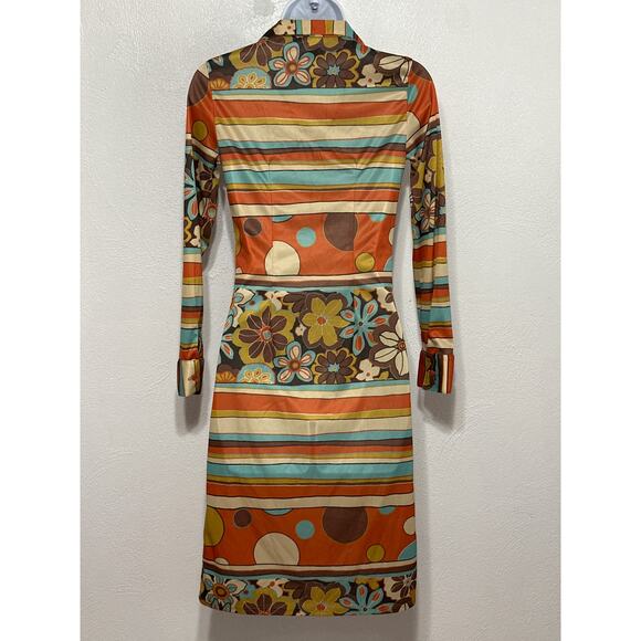 VTG 90s Does 70s daModa Boho Hippie Stripe Floral Shirt Dress S Brown Crunchy - Picture 7 of 14